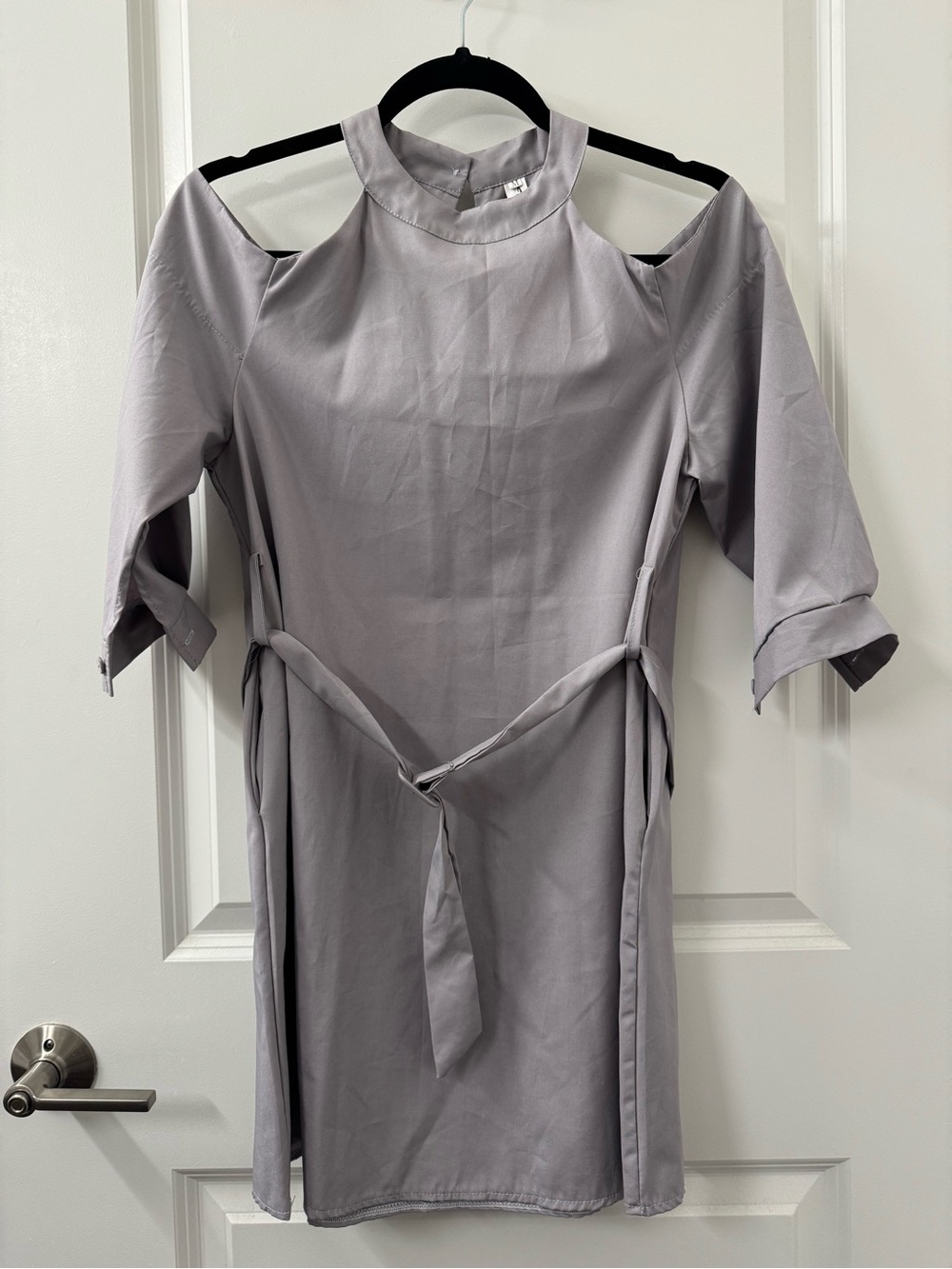 Cold-Shoulder Gray Tie-Waist Women's Dress